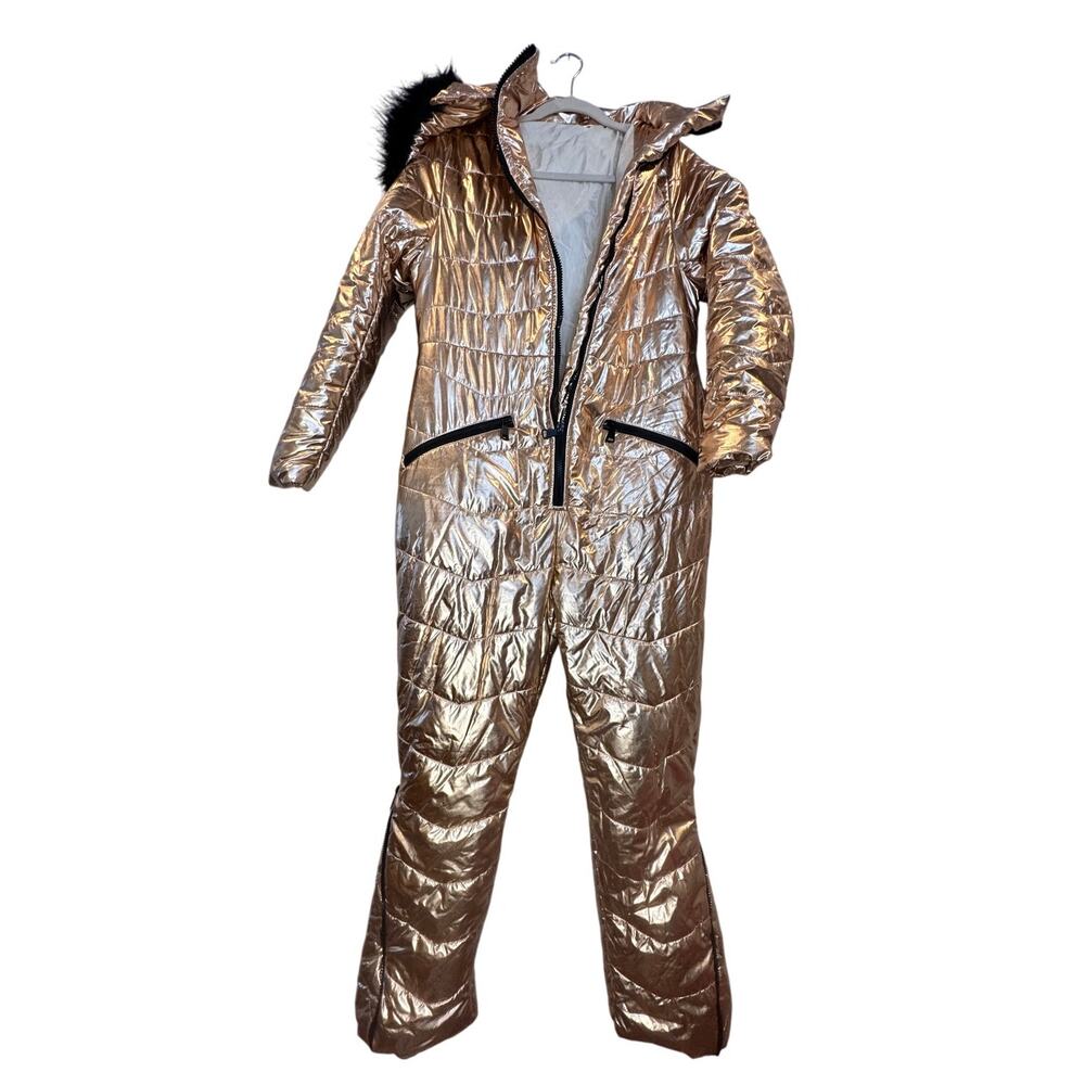 NWT Aurgelmir Winter Ski Suit Fur coat Jumpsuit Snowsuit S Metallic Gold Puffer